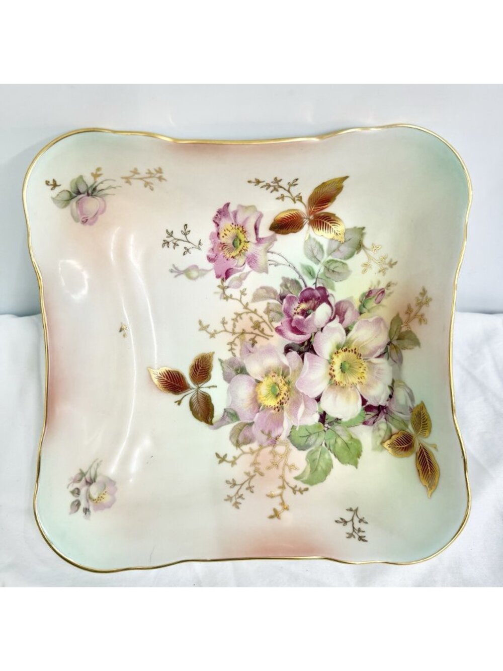 Schumann Arzberg Germany Floral Square Porcelain Serving Bowl Gold Gilt Dish
